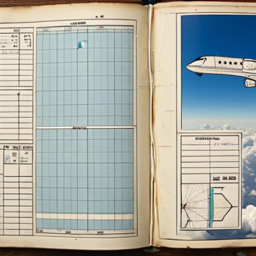 **A pilot's logbook open, filled with handwritten notes and diagrams detailing flight paths, altitudes, and times, overlaid with a faint image of clouds and a blue sky.** (Focus: Traditional flight records and the feeling of flight)