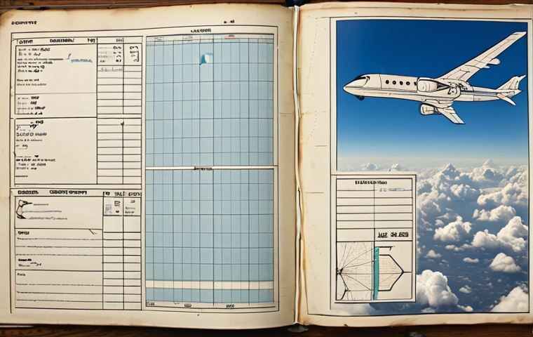 **A pilot's logbook open, filled with handwritten notes and diagrams detailing flight paths, altitudes, and times, overlaid with a faint image of clouds and a blue sky.** (Focus: Traditional flight records and the feeling of flight)